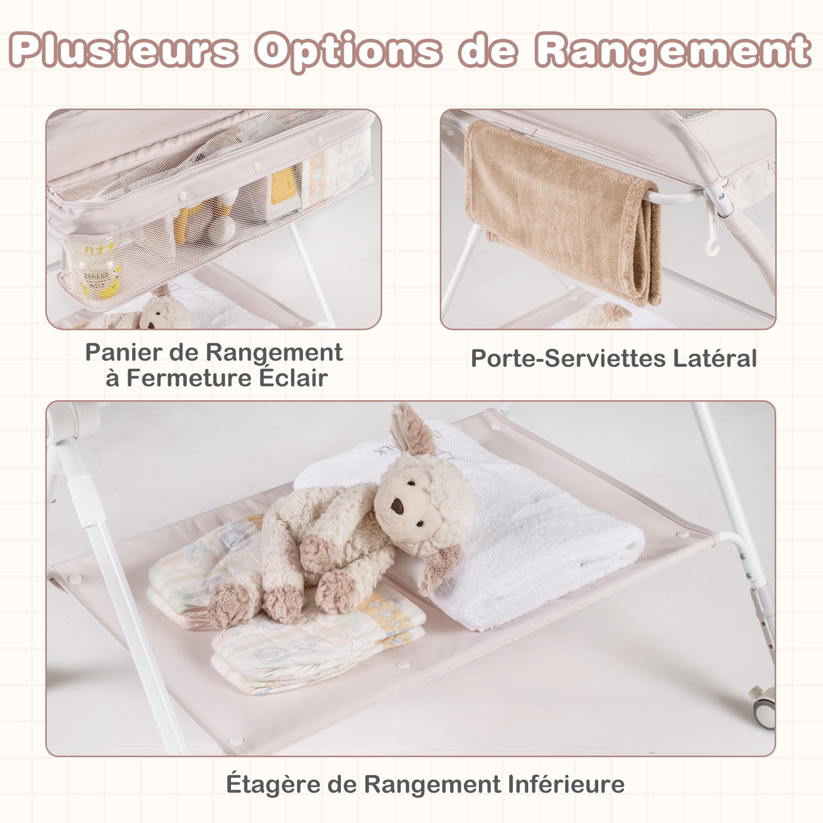Costway Table à langer avec niveau réglable à 3 positions et 4 roulettes universelles - Naturel