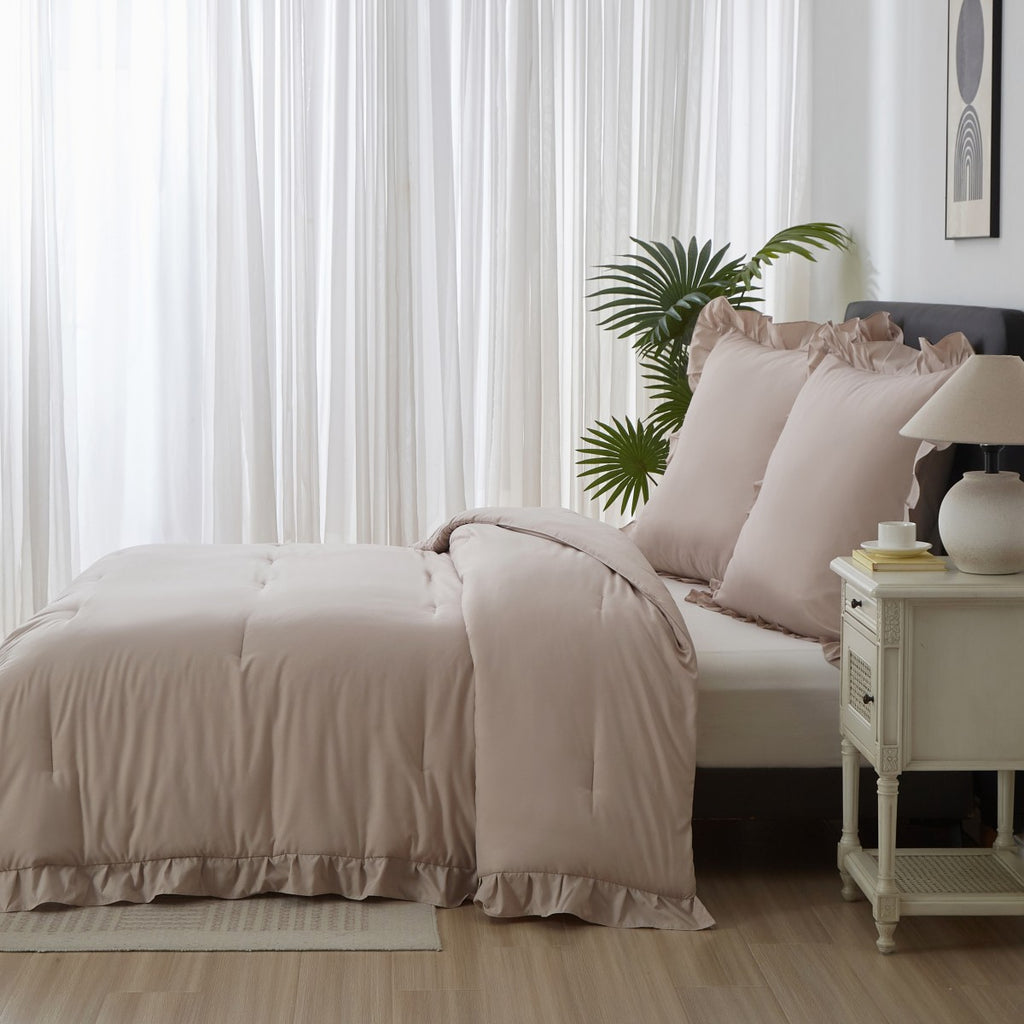 Meeallhome Ensemble de couette, parure de lit vintage à volants 240 × 220 cm / 65 × 65 cm × 2 Kaki