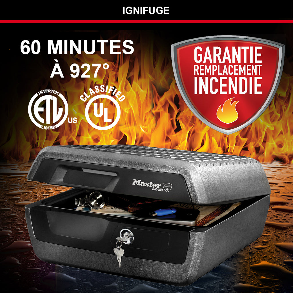 Master Lock boîte de sécurité certifiée résistante au feu et à l'eau, avec clé, 10 L, 419 x 193 x 375 mm, portable, pour la maison et les professionnels