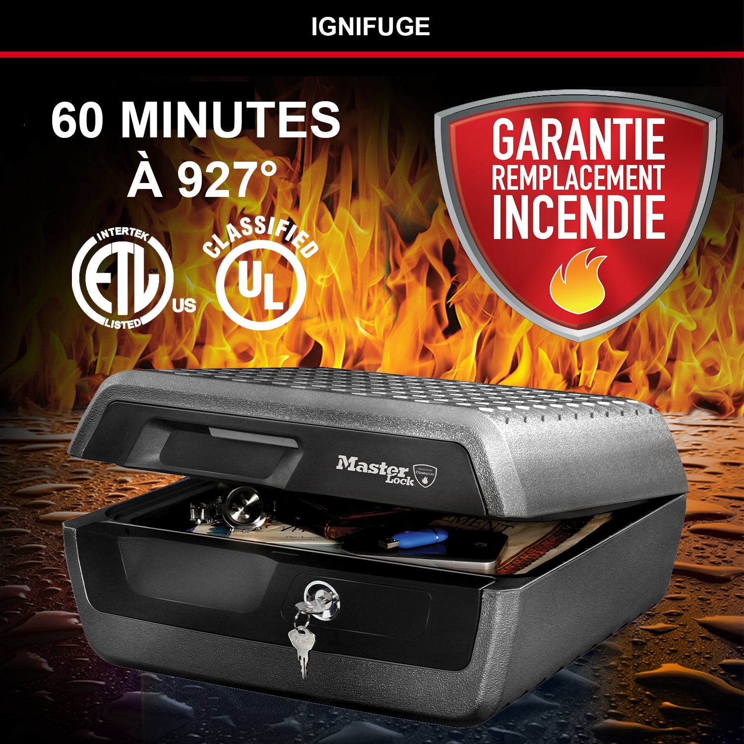 Master Lock boîte de sécurité certifiée résistante au feu et à l'eau, avec clé, 10 L, 419 x 193 x 375 mm, portable, pour la maison et les professionnels