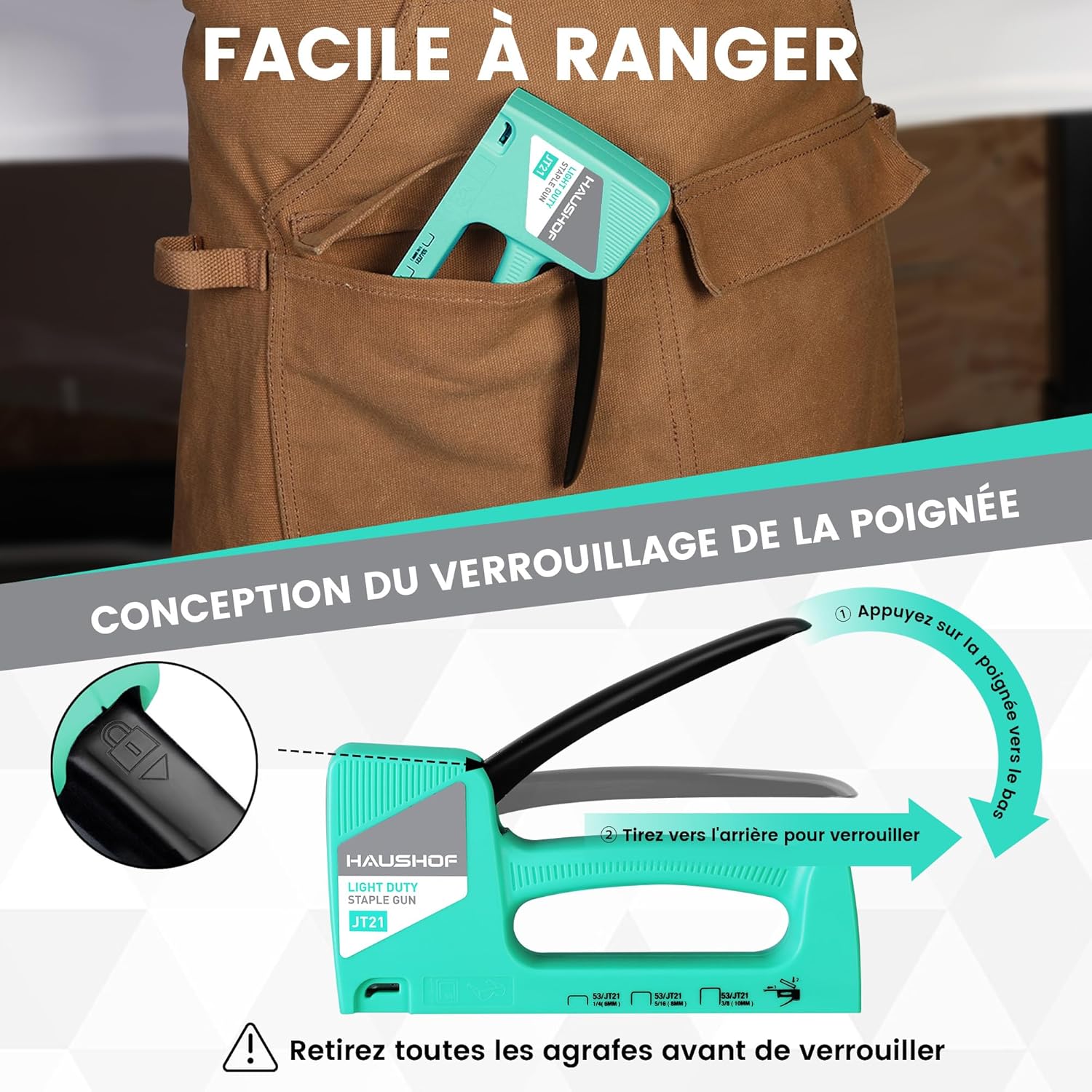 HAUSHOF Pistolet agrafeur manuel vert, Agrafeuse pour tapisserie et bois pour agrafes type 53, avec 800 agrafes de 8 mm et extracteur d’agrafes pour bois, tissu, meubles