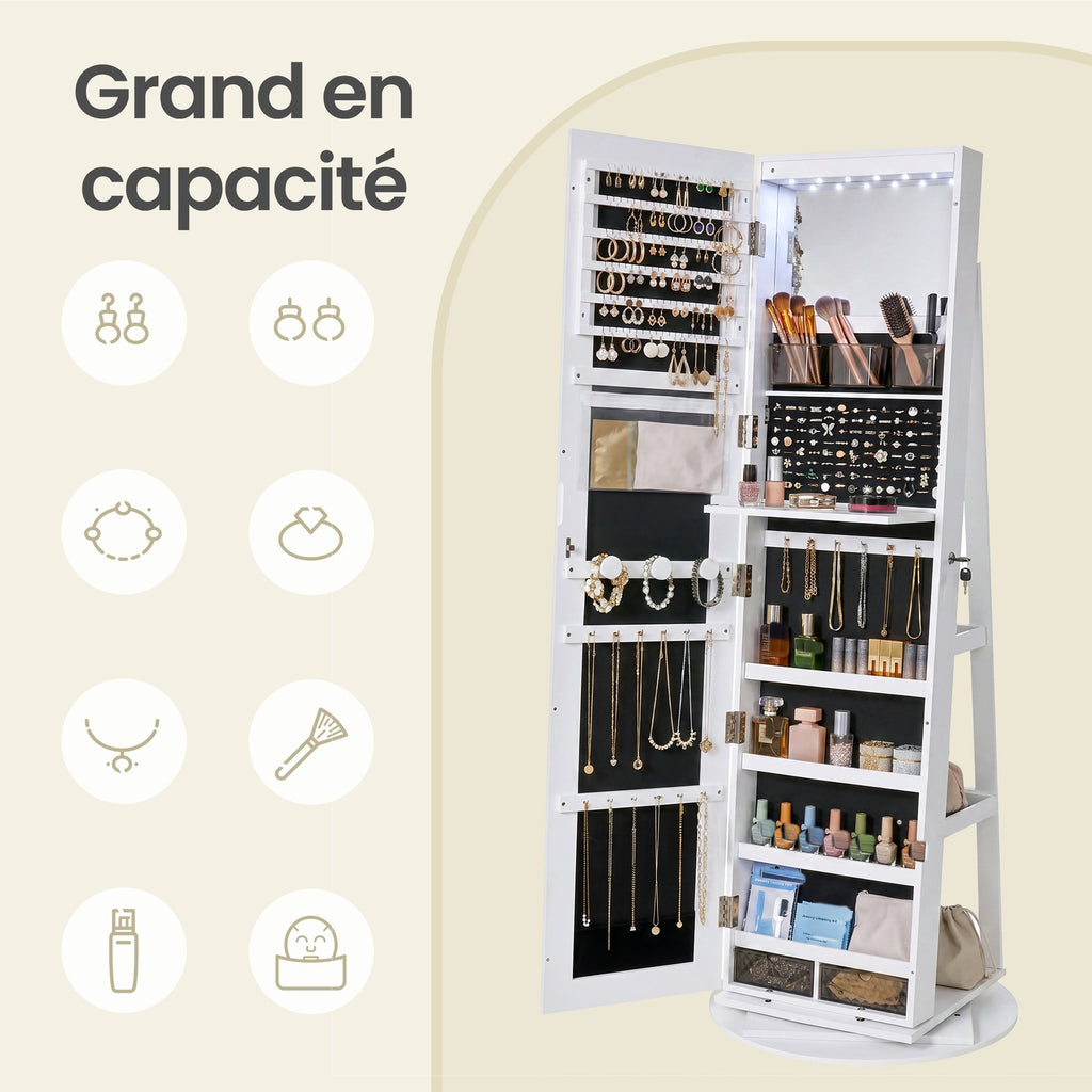 JOYFURNOS HOME Armoire à bijoux avec miroir pivotant à 360° et serrure, organisateur de bijoux, miroir sans cadre pleine longueur, 3 étagères de rangement, surface blanche, doublure noire