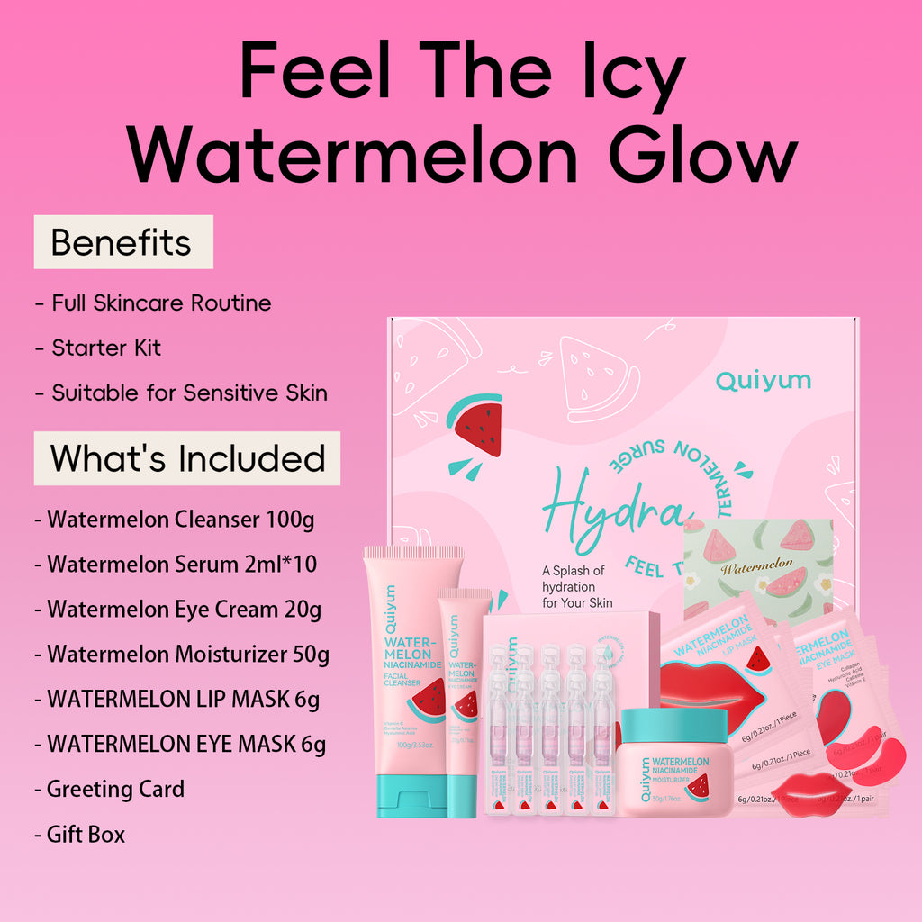 QUIYUM Coffret de soins à la pastèque - Nettoyant 100 g, Sérum 2 ml × 10, Crème contour des yeux 20 g, Masques pour le contour des yeux 6 g × 3, Masques pour les lèvres 6 g × 3