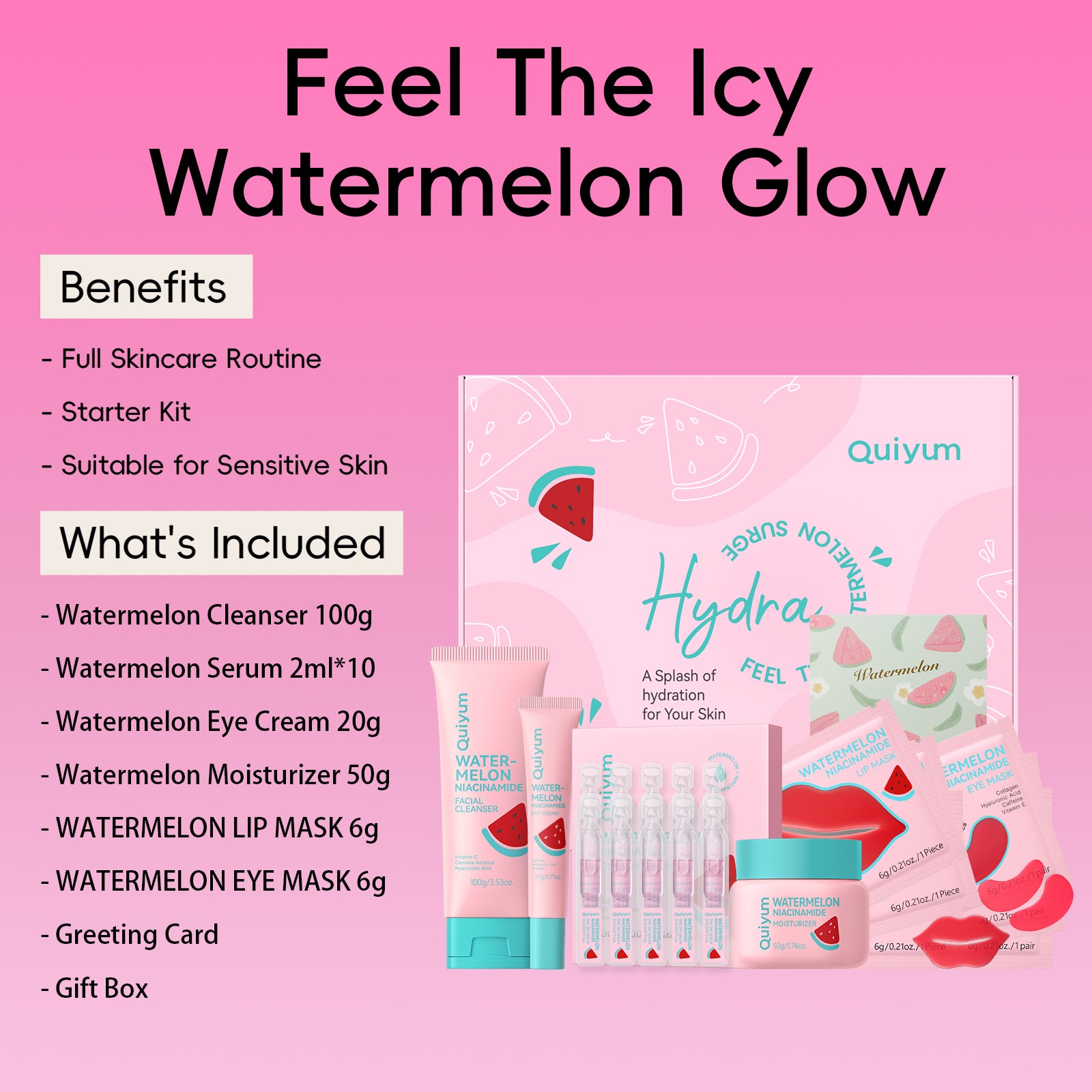 QUIYUM Coffret de soins à la pastèque - Nettoyant 100 g, Sérum 2 ml × 10, Crème contour des yeux 20 g, Masques pour le contour des yeux 6 g × 3, Masques pour les lèvres 6 g × 3
