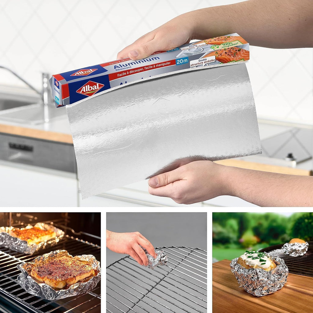 ALBAL Papier d'aluminium pour four et barbecue, extra résistant, double structure nid d'abeille, 29 cm x 20 m