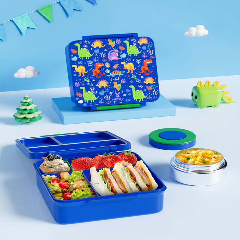 Meoky Boîte repas compartimentée à loquet unique 54 oz - Dinosaure bleu