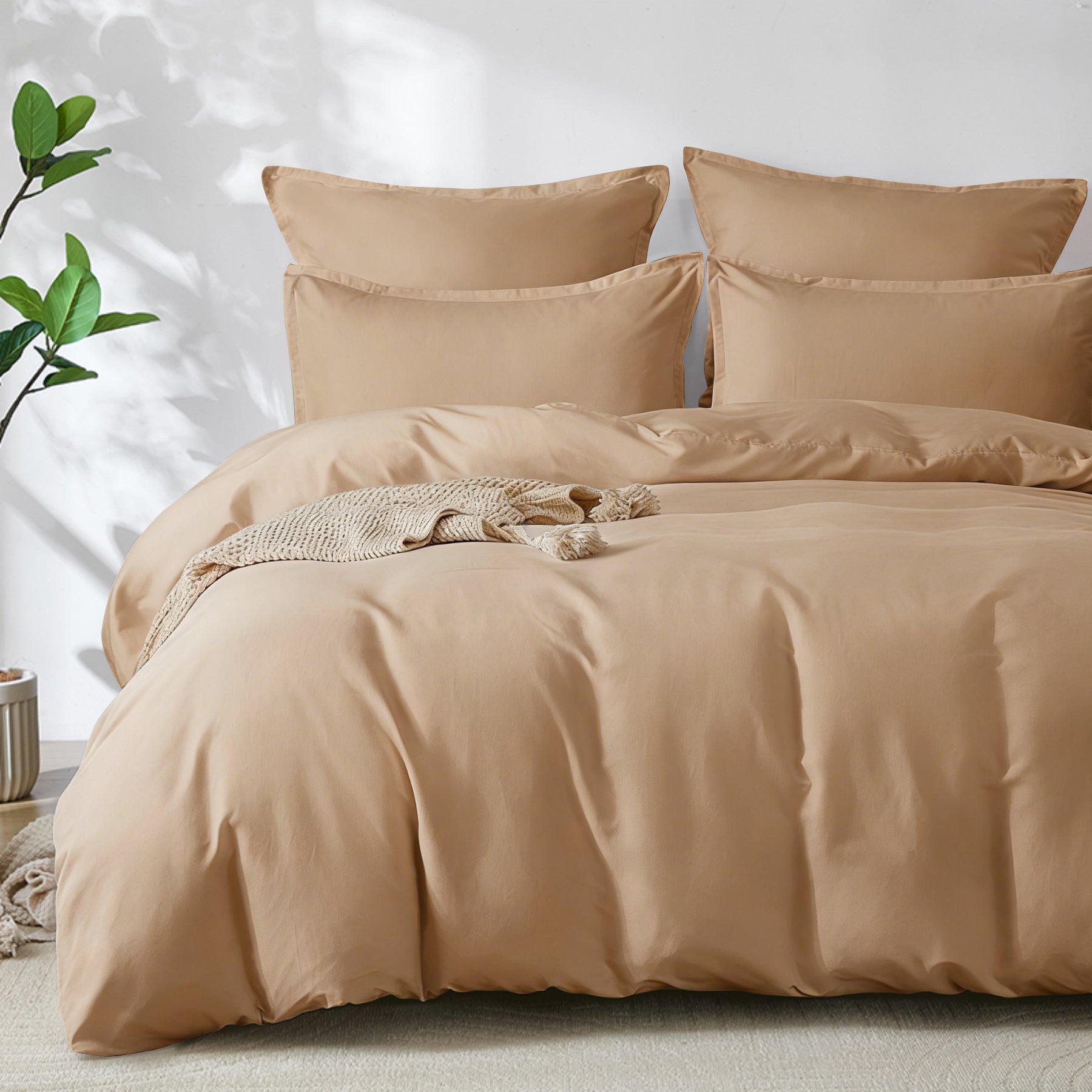 LEBONSOIR Parure de lit kaki avec housse de couette, 200 x 200 cm/65 x 65 cm x 2, Respirante durable douce confortable, Avec fermeture éclair, 3 pièces, Inclut 1 housse de couette et 2 taies d'oreiller, Sans couette