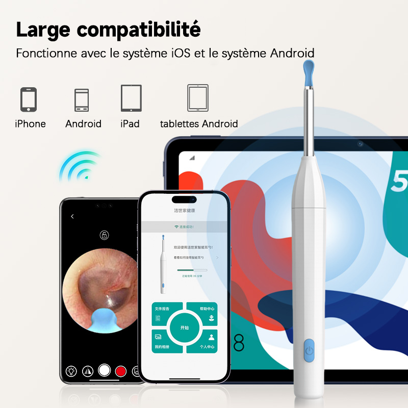Sunluxy P2 Otoscope avec caméra HD 5 MP, 6 LED, embout en silicone souple, étanche IPX5, recharge USB-C, compatible iOS et Android - Blanc