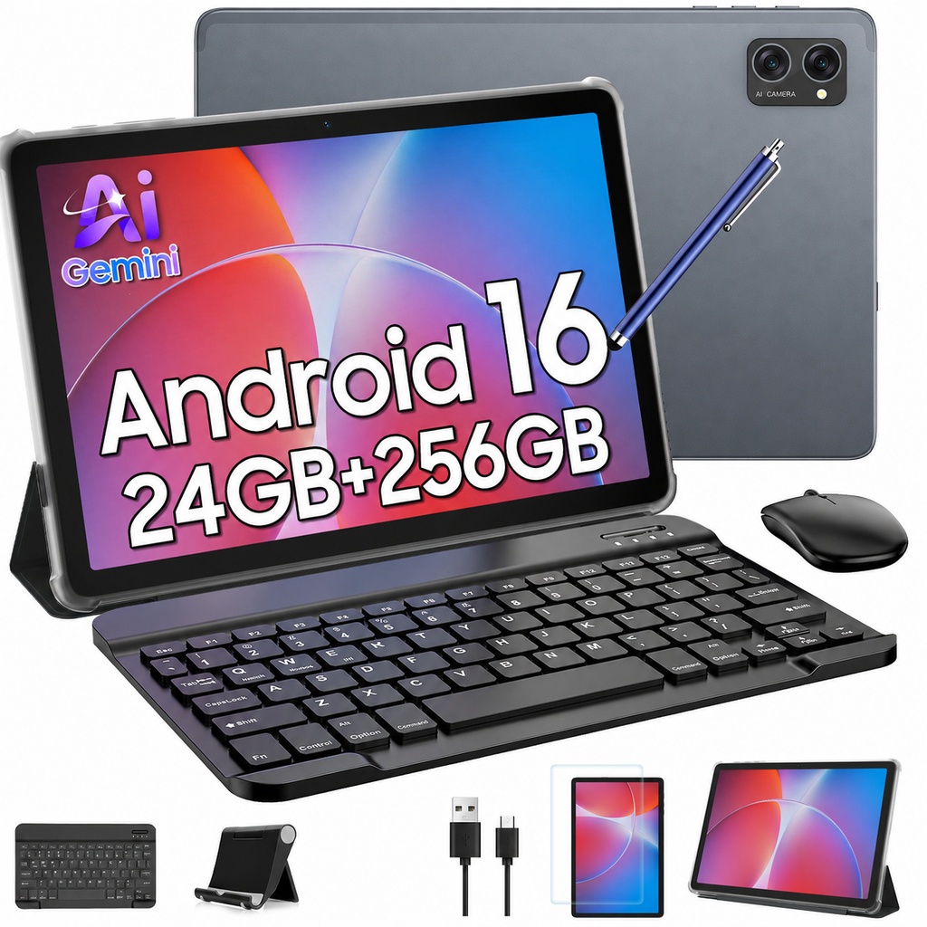 Tablette TABWEE T20 10,1 pouces, 24 Go (8 + 16) de RAM + 256 Go de ROM/2 To TF, Gemini AI, processeur T606 octa-core + appareil photo 8 Mpx, batterie 5 000 mAh, Widevine L1, tablette 2-en-1 avec clavier/souris/stylet