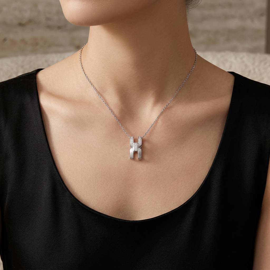 ALAIN MICHAL Intertwine S925 Collier en Argent Sterling - Finition Givrée avec 43 Diamants Synthétiques Blancs, Pendentif Statement