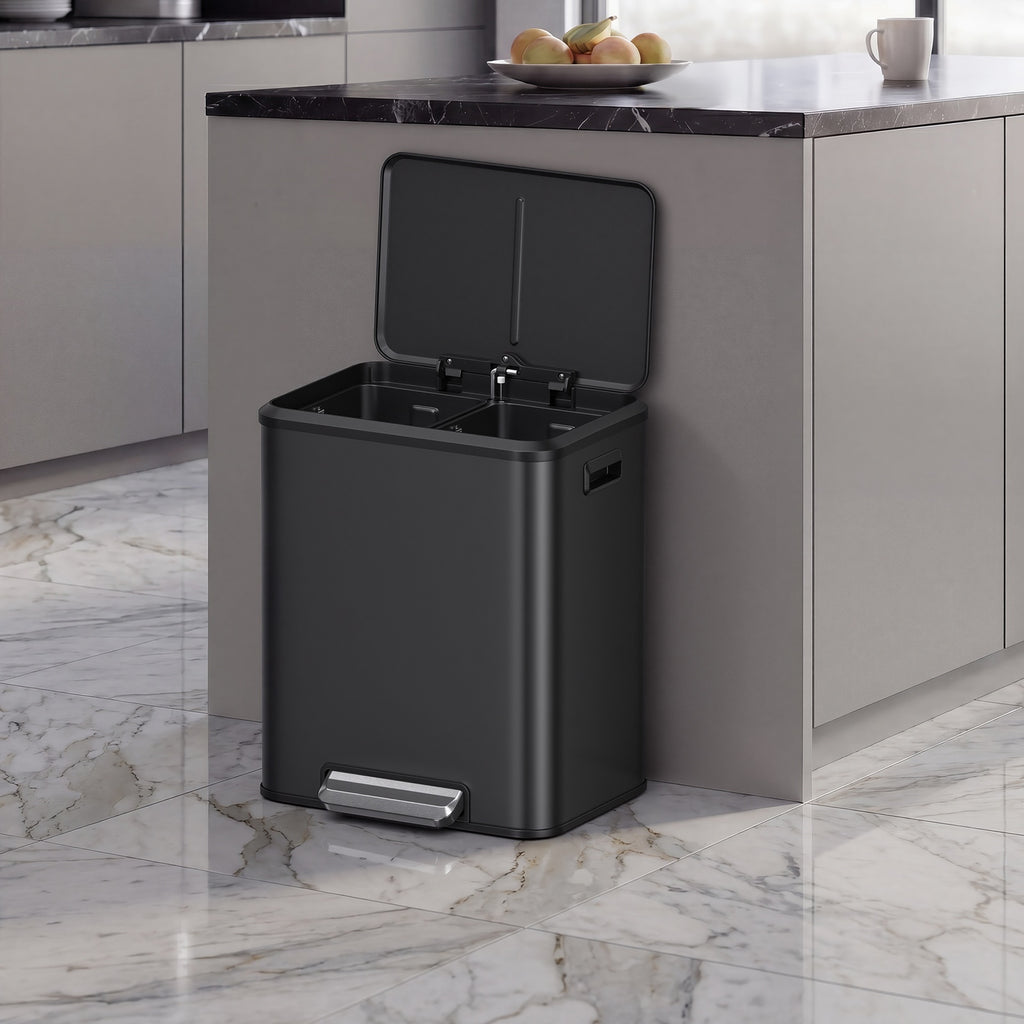 JOYFURNOS Poubelle de cuisine à 2 compartiments avec couvercle à fermeture douce, poubelle de recyclage en acier avec seaux intérieurs et pédale large, noir
