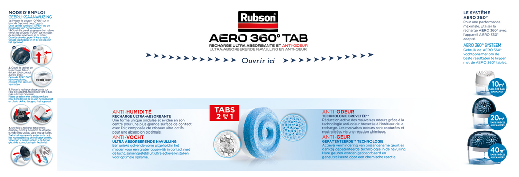 Rubson AERO 360° TAB, recharges en tabs neutres pour absorbeur d'humidité, ultra absorbantes et anti odeurs recharges pour déshumidificateurs AERO 360°, 6 x 450 g