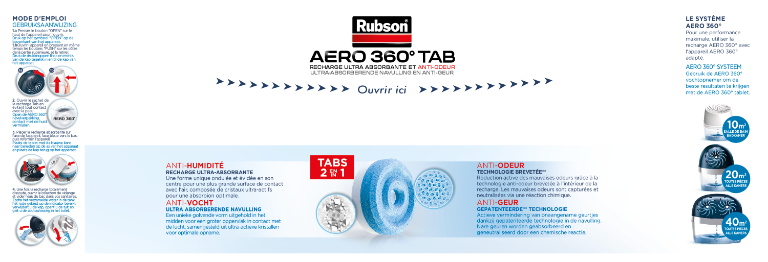 Rubson AERO 360° TAB, recharges en tabs neutres pour absorbeur d'humidité, ultra absorbantes et anti odeurs recharges pour déshumidificateurs AERO 360°, 6 x 450 g