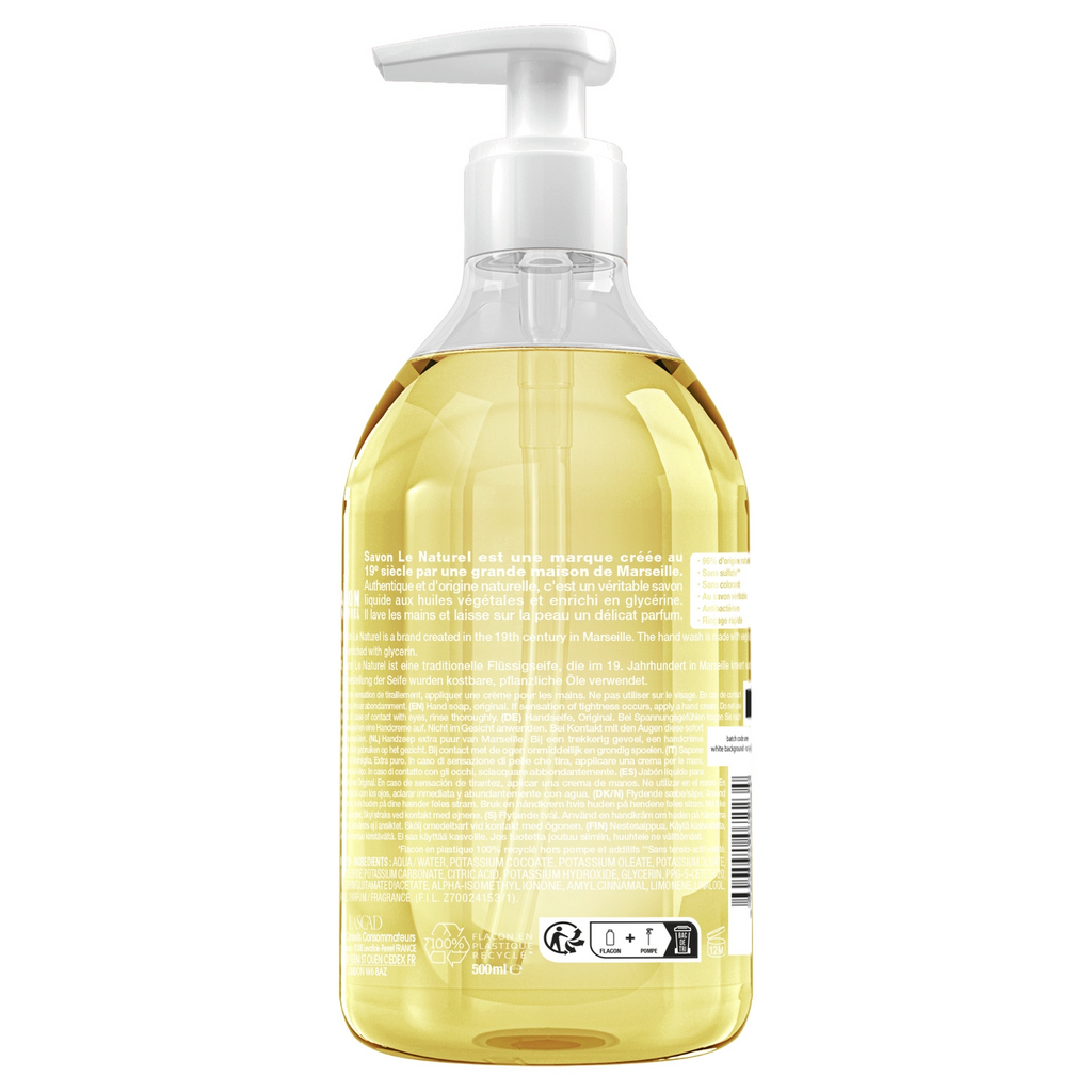 SAVON LE NATUREL Savon liquide de Marseille extra pur, antibactérien, 96 % d'origine naturelle, 500 ml