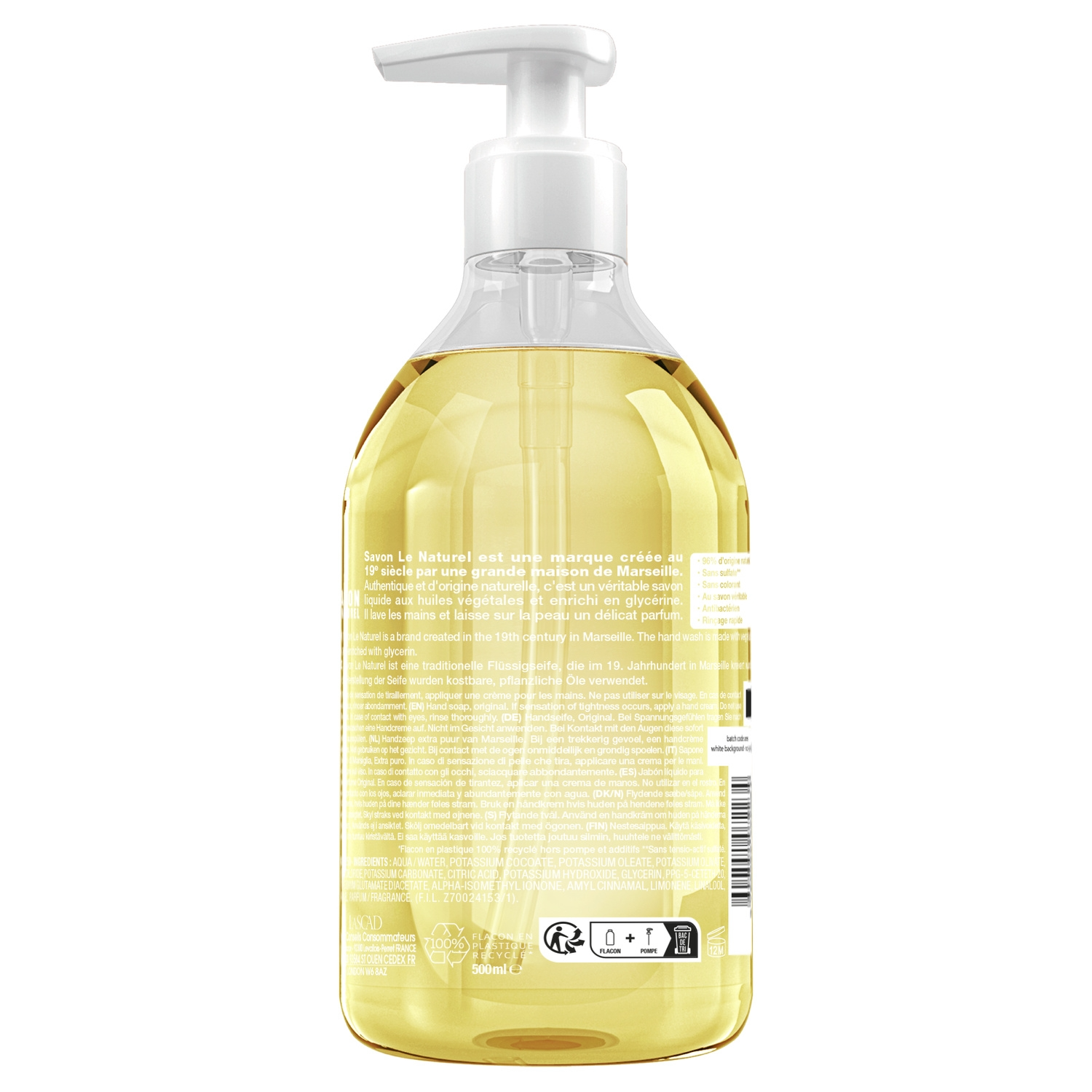 SAVON LE NATUREL Savon liquide de Marseille extra pur, antibactérien, 96 % d'origine naturelle, 500 ml
