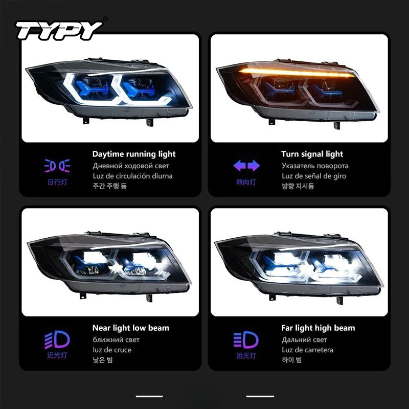 TYPY Projecteur avant LED pour BMW E90, phare xénon d’origine, 2005–2012, 320i/325i/318i, feu de jour, clignotant, feu de croisement, effet Angel Eye, lentille de projecteur