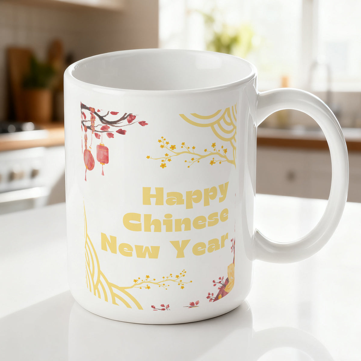 Alphynix 1 pc Tasse Nouvel An chinois 11 oz En céramique Avec lanternes rouges et fleurs de prunier Cadeau de fête pour amis Famille Collègues Cadeau d'anniversaire Saint-Valentin