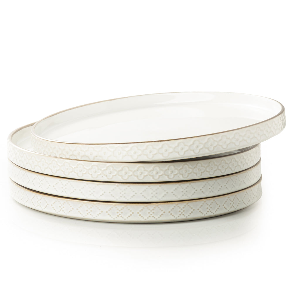 Dafuceramic Assiettes plates en céramique 10,25 pouces, lot de 4, compatibles micro-ondes et lave-vaisselle, assiettes profondes pour salade et pâtes avec gaufrage, blanc arctique