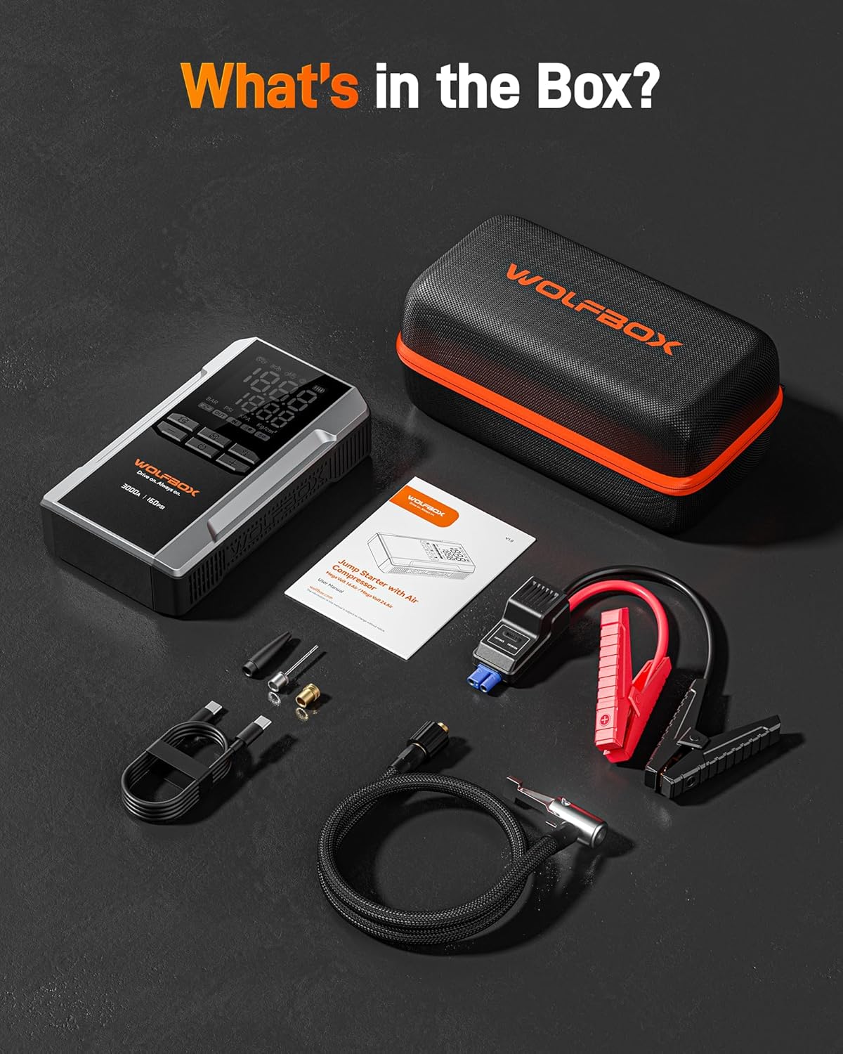 WOLFBOX 3000A Booster de démarrage 12 V avec compresseur d'air et batterie portable 59,2 Wh et 160 psi et recharge rapide 65 W compatible moteurs essence 8 L et diesel 6 L avec