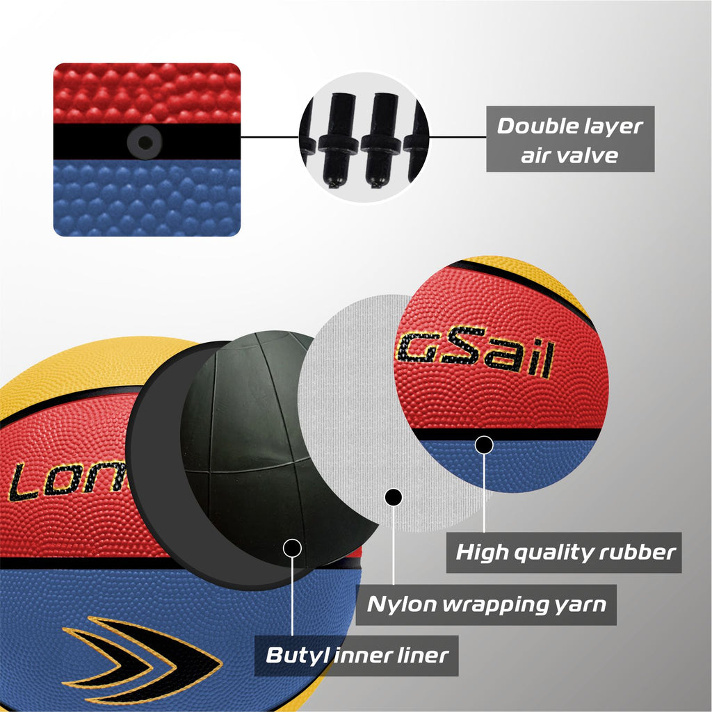 LONGSAIL Ballon de basket en caoutchouc de haute qualité 29,5 po Taille 7 Rouge/Jaune/Bleu