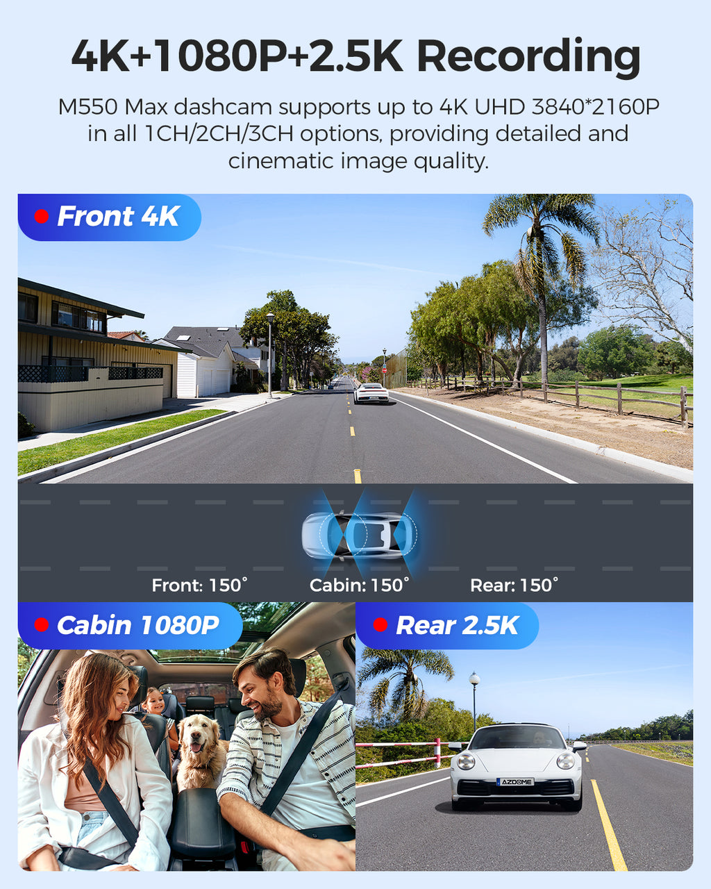 AZDOME M550 MAX 4K Dashcam Voiture 4K+ 1080P+ 2,5K Avant Arrière Intérieur avec Double STARVIS, Carte SD 64 Go, WiFi, GPS, Super Vision Nocturne