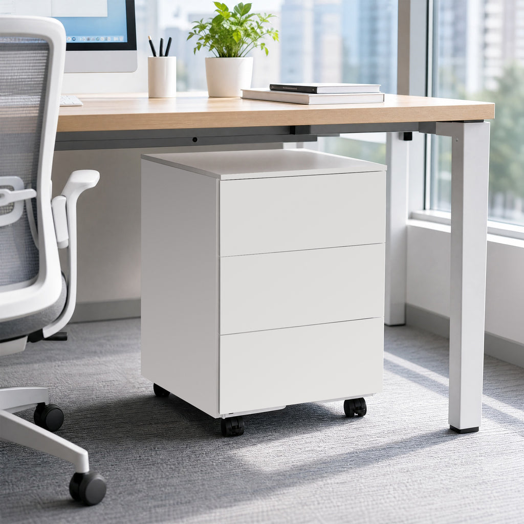 JOYFURNOS Caisson de bureau mobile verrouillable avec 3 tiroirs, rangement documents et fournitures de bureau, préassemblé, pour bureau à domicile, Blanc