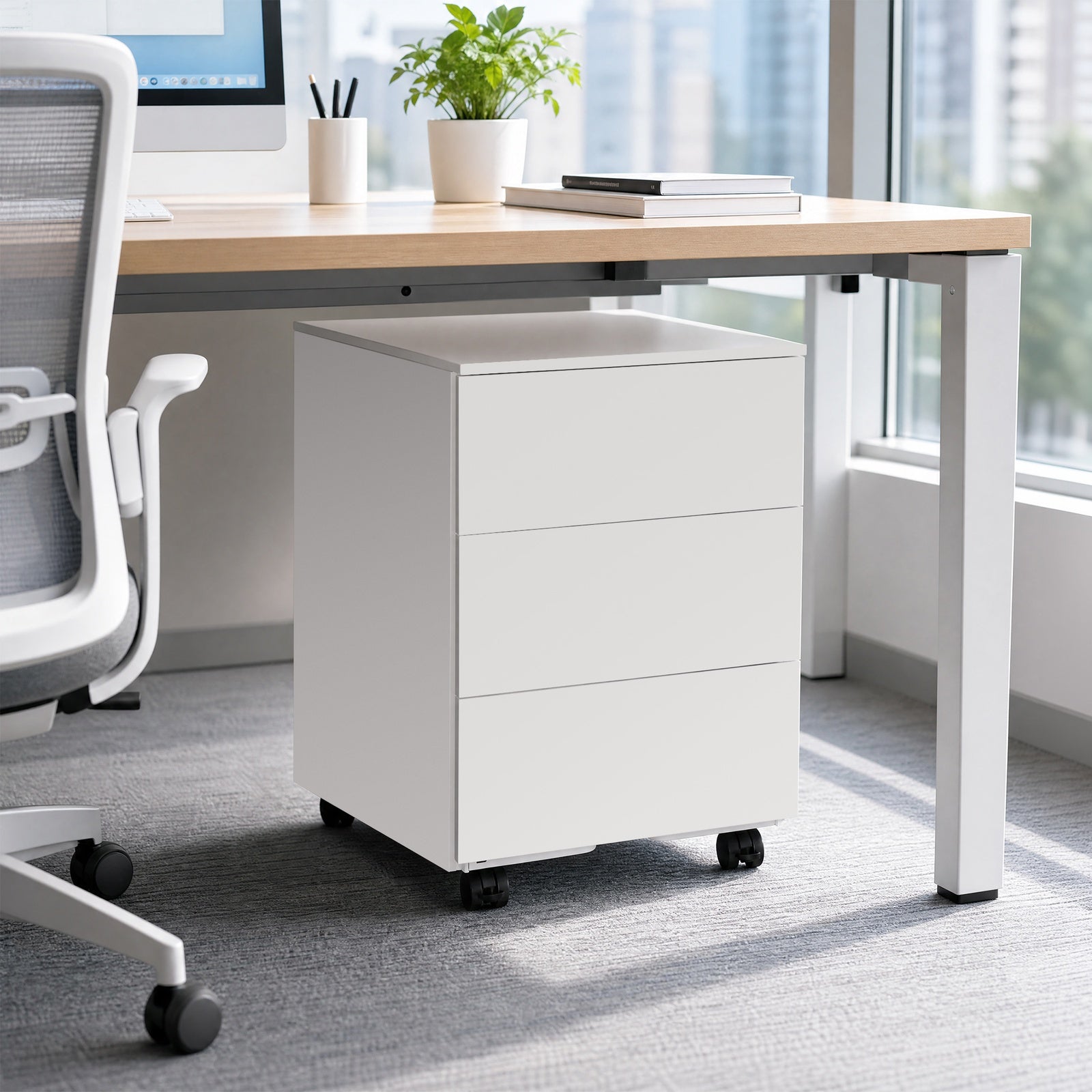 JOYFURNOS Caisson de bureau mobile verrouillable avec 3 tiroirs, rangement documents et fournitures de bureau, préassemblé, pour bureau à domicile, Blanc