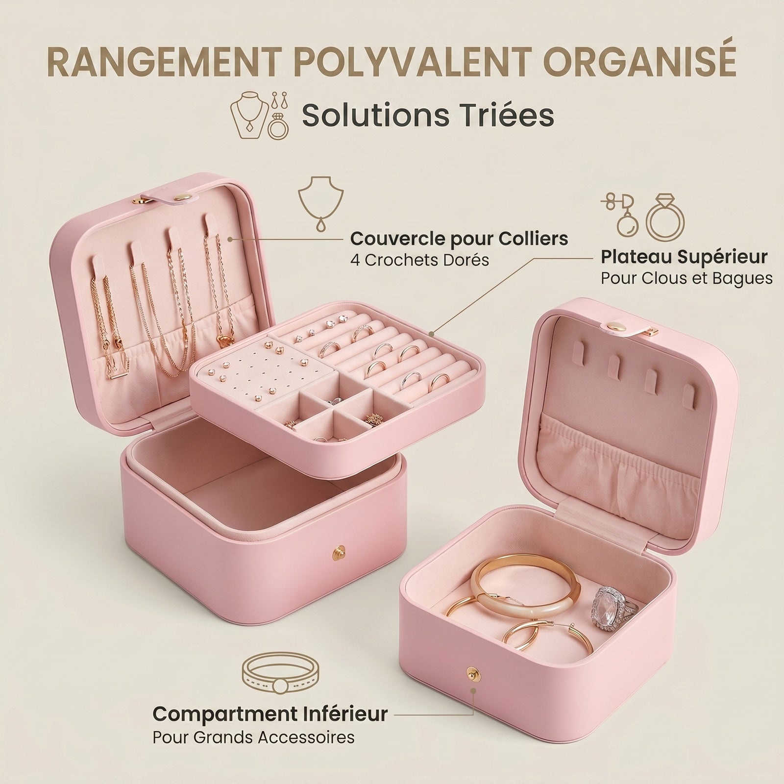 JOYFURNOS Coffret à Bijoux Compact, Rangement Portable à 2 Niveaux, Trousse de Voyage pour Accessoires, Rose
