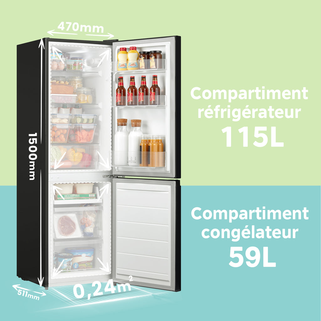 Comfee' par Midea 174 L Réfrigérateur-congélateur pose libre, Low Frost, Thermostat réglable, Éclairage LED, Porte réversible, Faible bruit, Noir RCB230BL2EU(E)