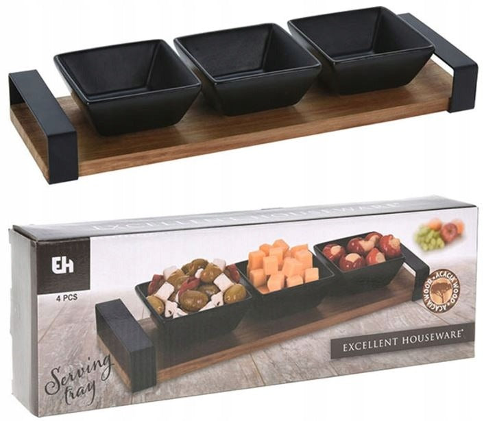 Koopman Set de service pour snacks - 3 bols avec plateau en bois
