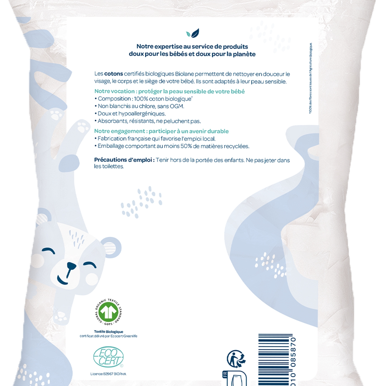 Biolane Disques de coton biologique pour le change et le nettoyage des bébés, peaux sensibles, 150 disques