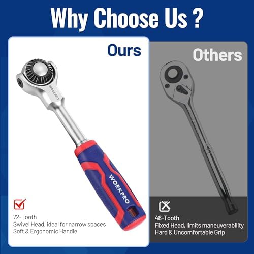 WORKPRO Bit à ratchet 1/4" (6,35 mm) pour perceuse, 72 dents, finition mate, poignée tricolore