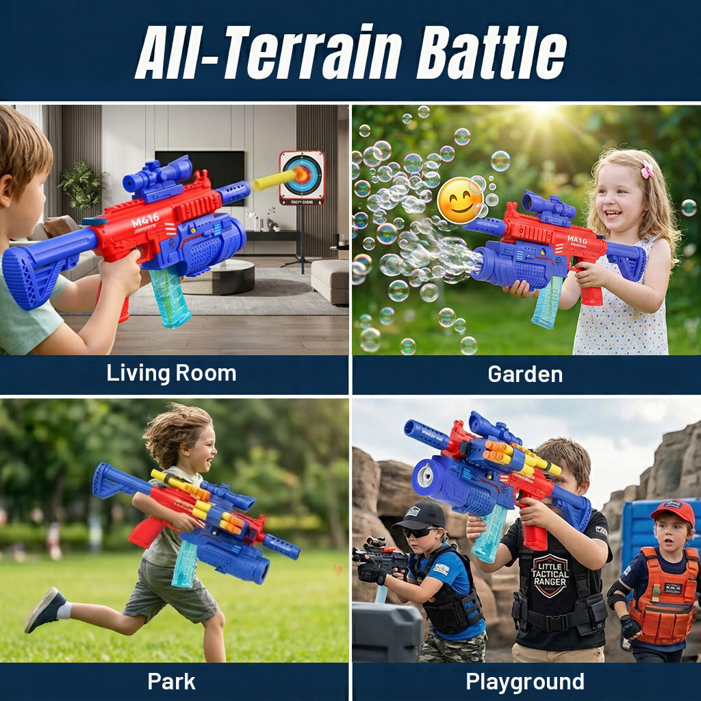 Tokky Pistolet Jouet 2-en-1 pour Enfants, Machine à Bulles Entièrement Automatique et Lanceur de Pistolet à Fléchettes Souples à Ventouse