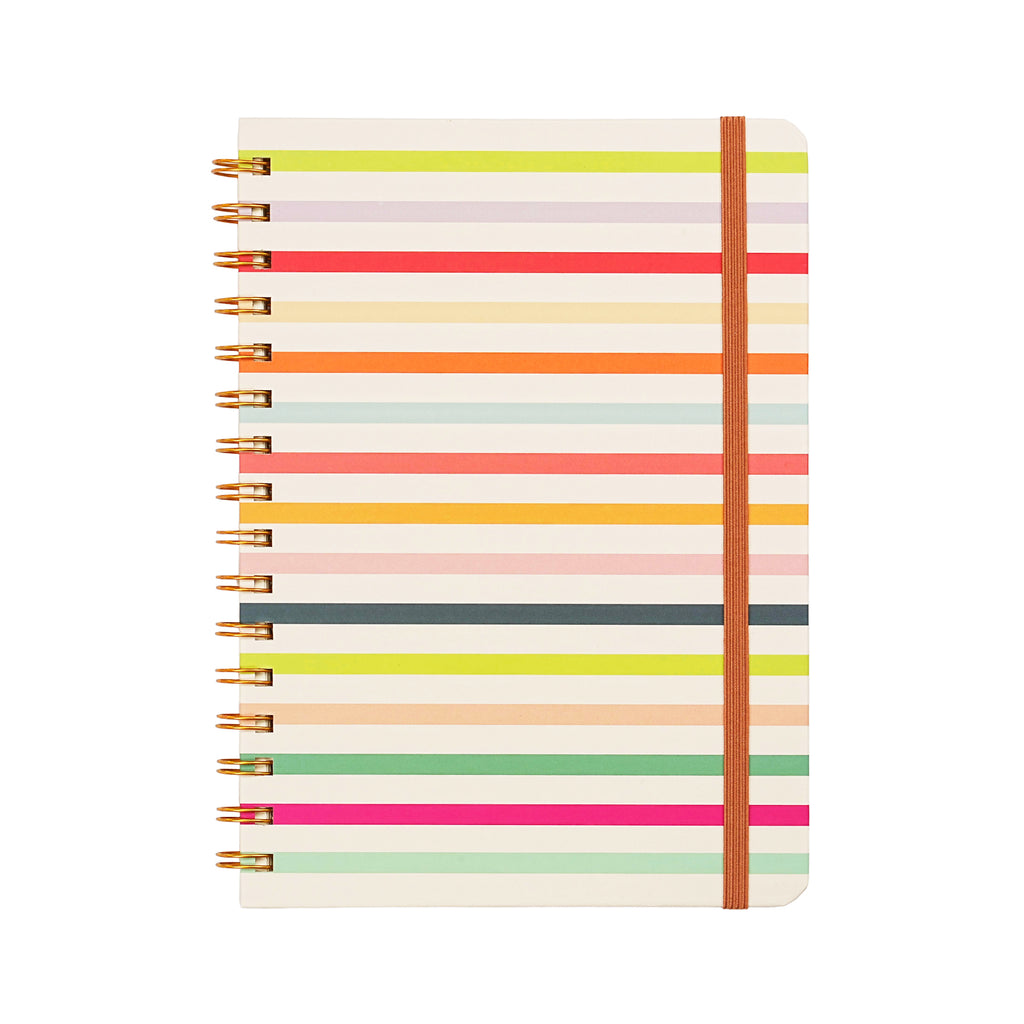 Jubiluu Carnet ligné A5 à spirale et couverture rigide - 96 feuilles (papier offset 100 g), avec élastique - Journal ligné crème classique pour écriture, école, bureau et cadeaux - Rayures arc-en-ciel