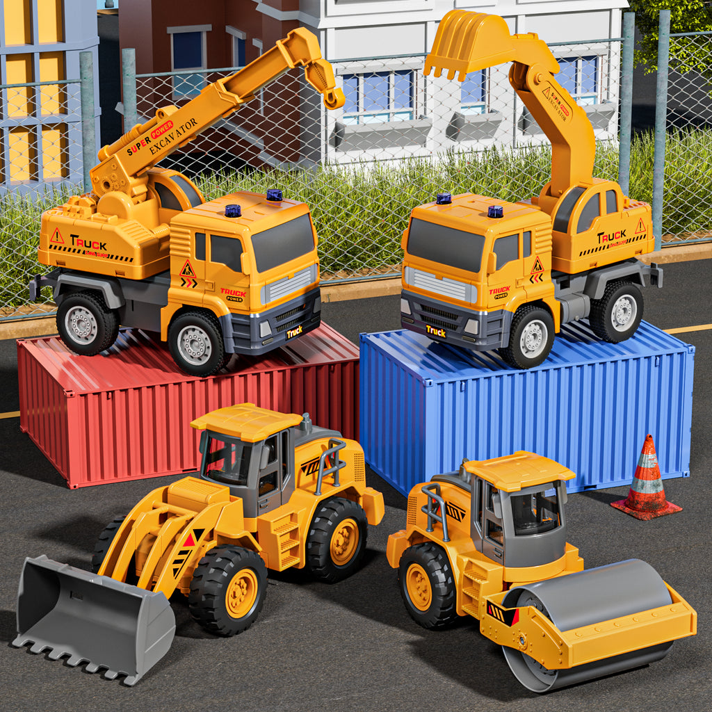 Ensemble de jouets de camions de construction, lot de 4 voitures d'ingénierie à roulement par friction avec pelleteuse, grue, Bulldozer, rouleau compresseur