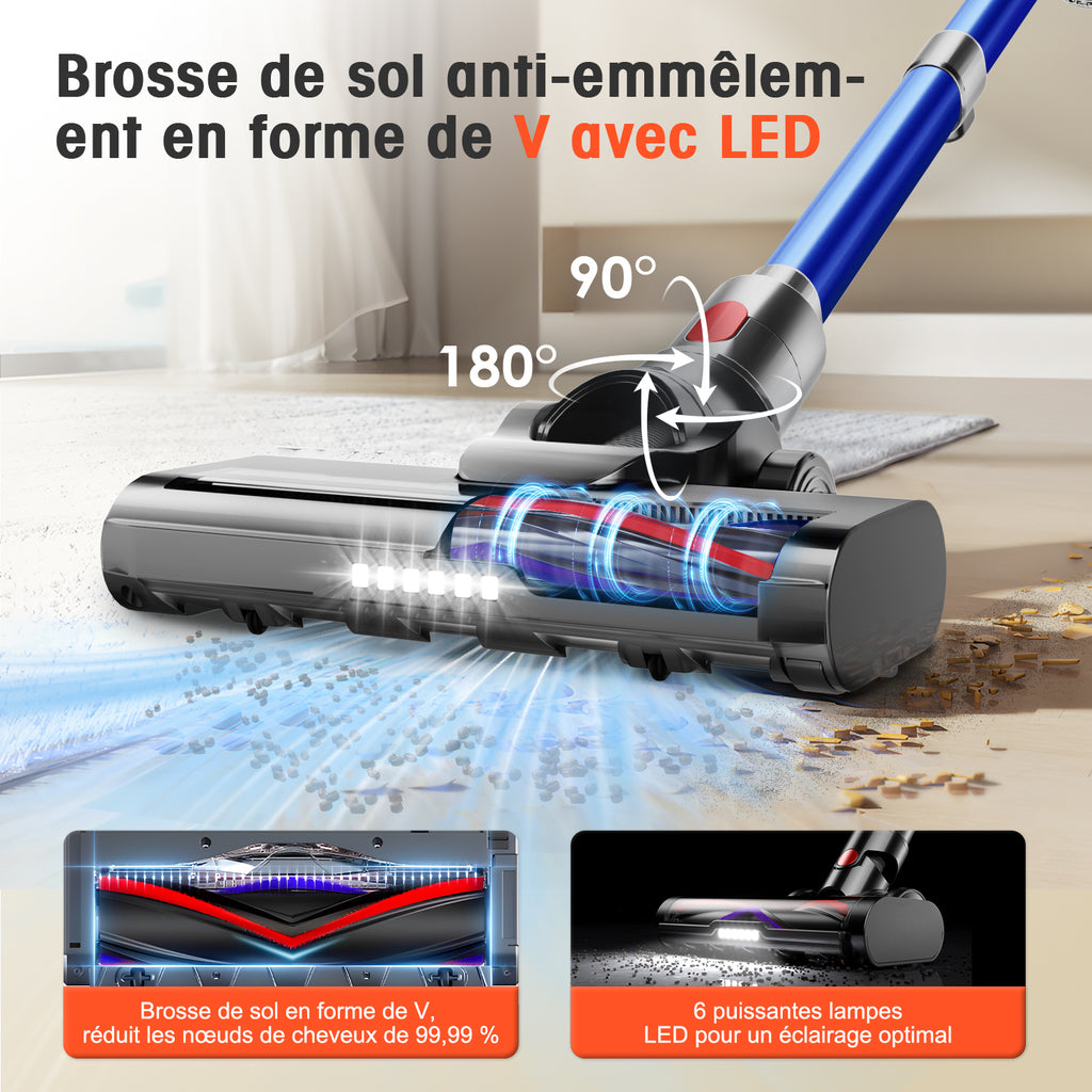 Aspirateur sans fil Daynee, 45000 Pa, 50 min, 1,6 L, 4 filtres HEPA, pour poils d'animaux, tapis, sols durs