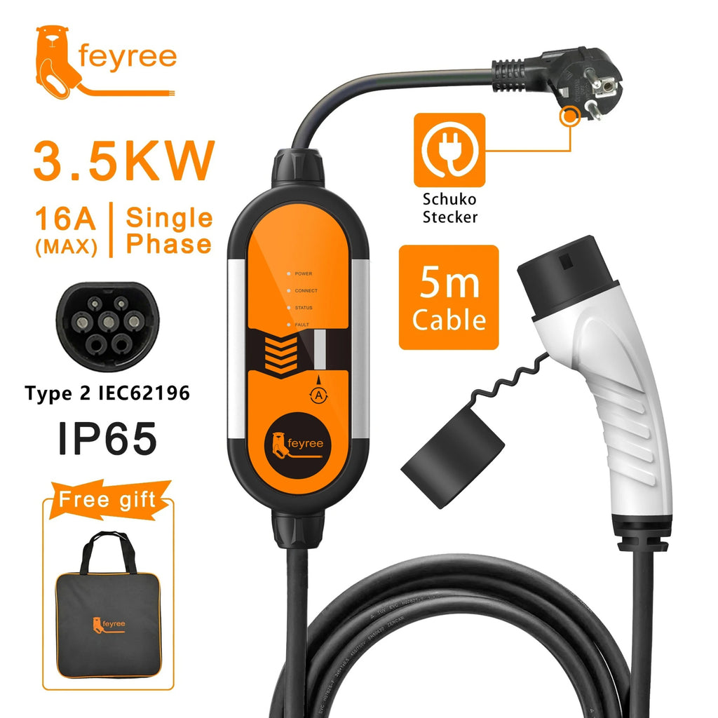 Feyree Chargeur portable pour véhicule électrique type 2 16 A 3,5 kW, Câble de recharge 5 m avec prise Schuko, Courant réglable pour chargeur de voiture électrique