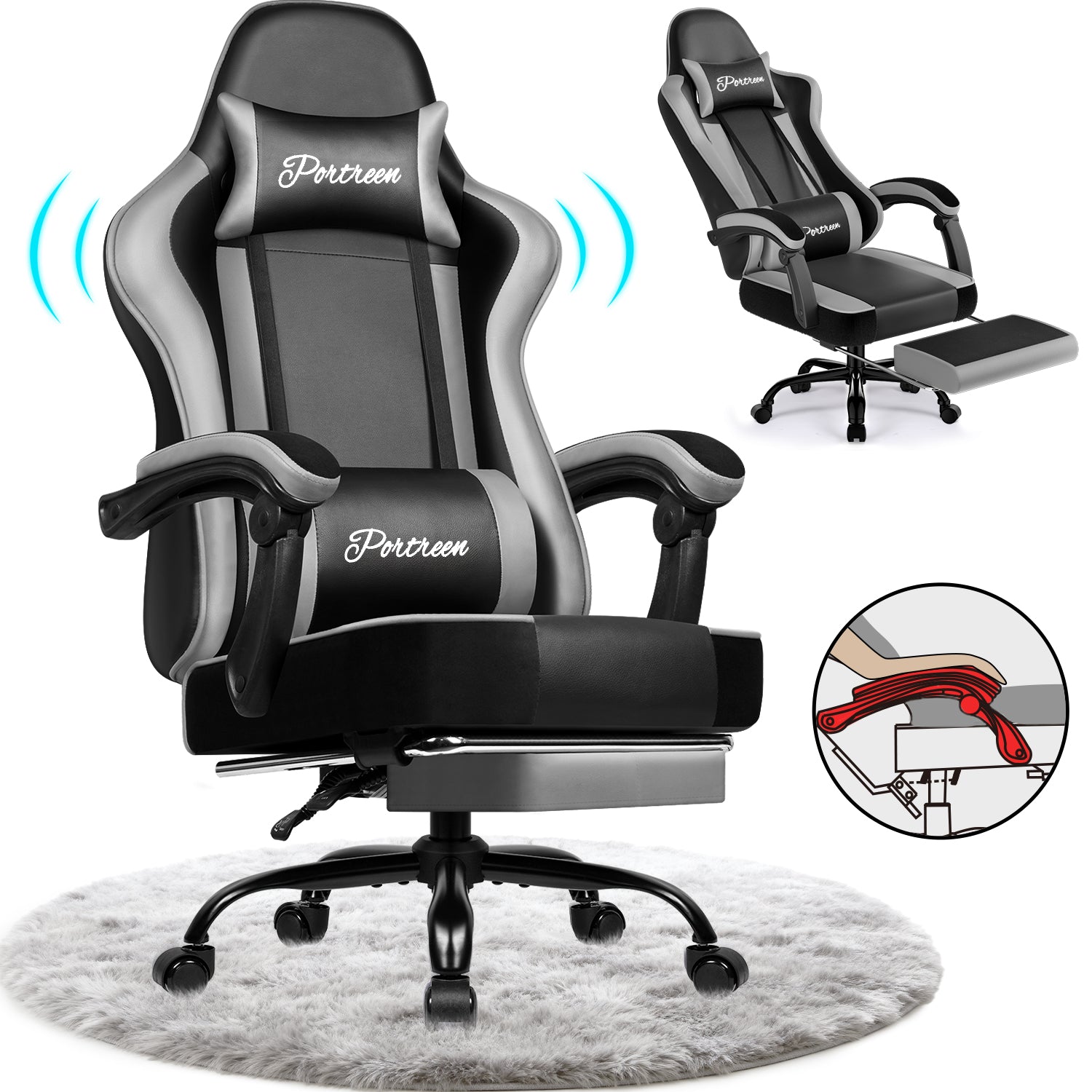 GTIMEX Chaise de gaming ergonomique réglable avec repose-pieds télescopique, appui-tête et soutien lombaire capacité de 150 kg - Gris
