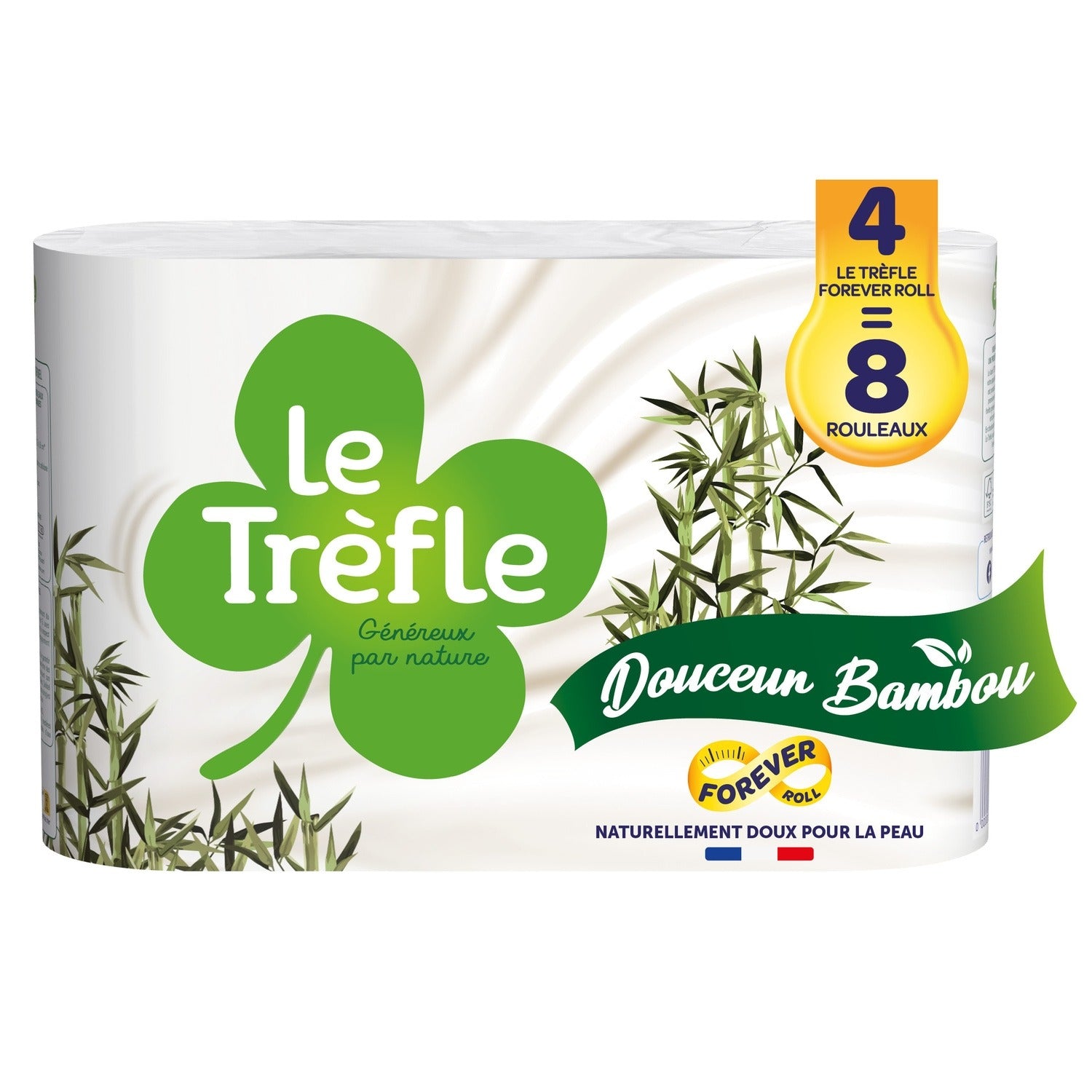 LE TRÈFLE Papier Toilette Mélange de Fibres de Bambou, 4 Rouleaux (Équivalent à 8 Rouleaux Standards)