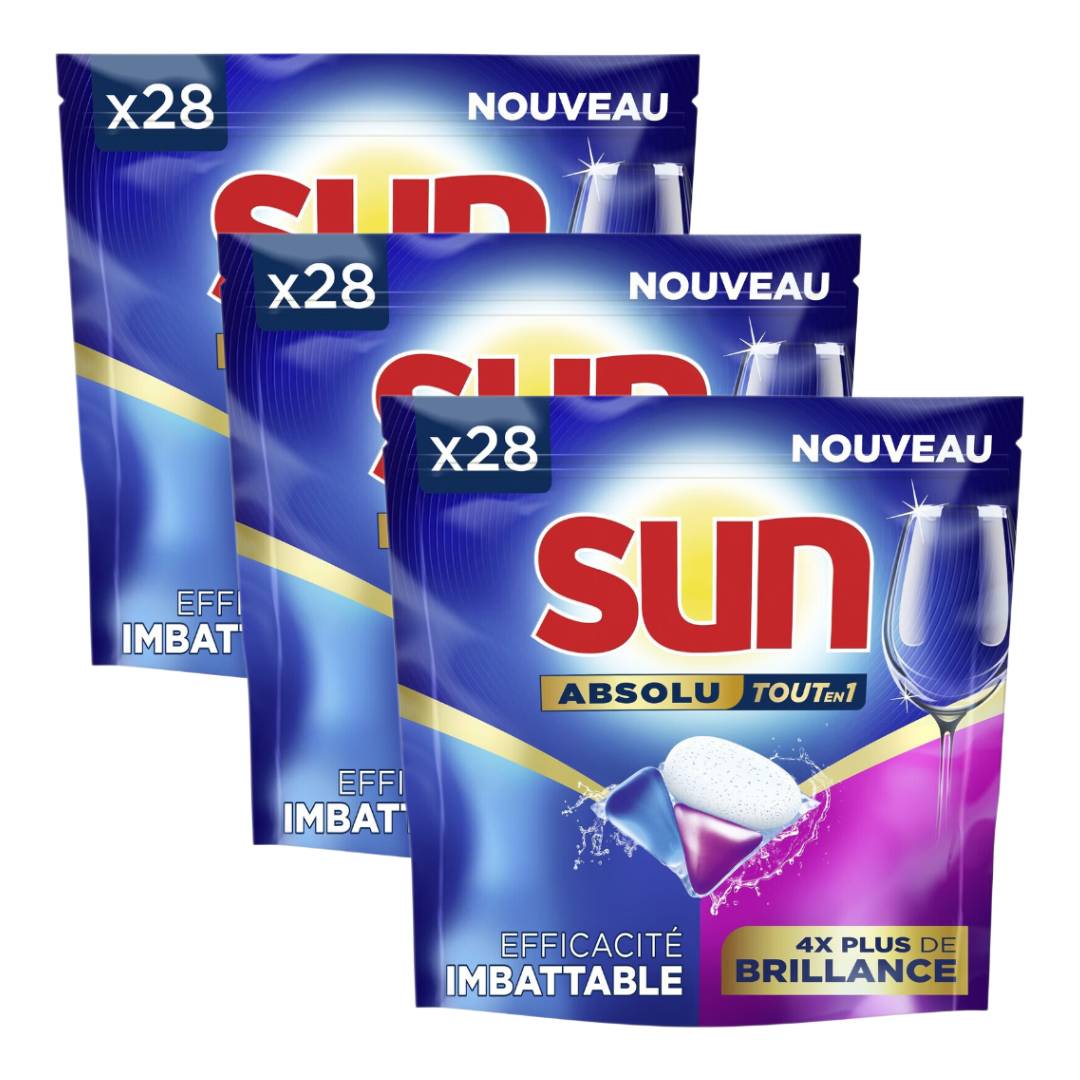 Sun Brilliance Tout-en-1 Absolute Capsules Lave-Vaisselle Extra Brillance 3 x 28 Capsules (= 84 Capsules)