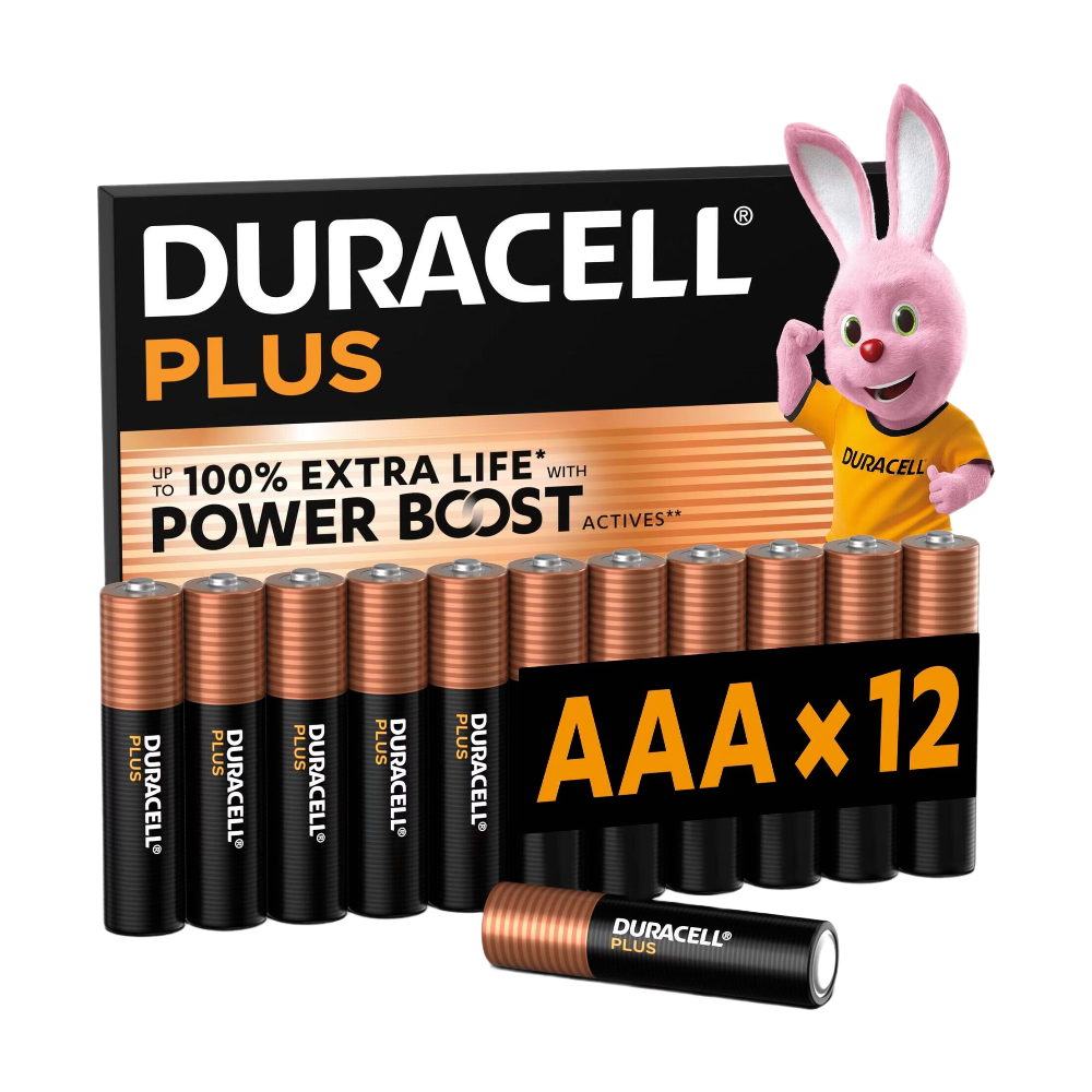 DURACELL Plus Lot de 12 piles AAA alcalines 1,5 V avec actifs POWER BOOST, fiables pour vos appareils du quotidien, emballage 0 % plastique, conservation garantie 10 ans - LR03 MN2400