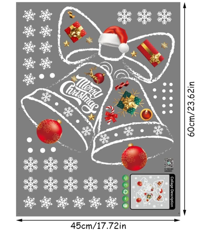 JU7CER Autocollants de vitre en forme de cloche de Noël, décorations de Noël, film adhésif pour vitres en PVC, autocollants de vitre de Noël, autocollants de vitre d'hiver