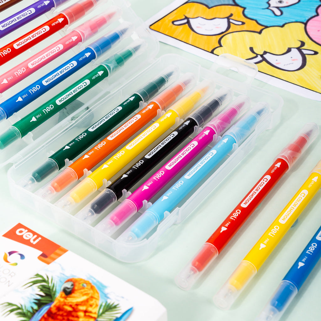 Deli Feutres aquarelle à double pointe, Fournitures artistiques, Couleurs assorties, Lot de 12 couleurs