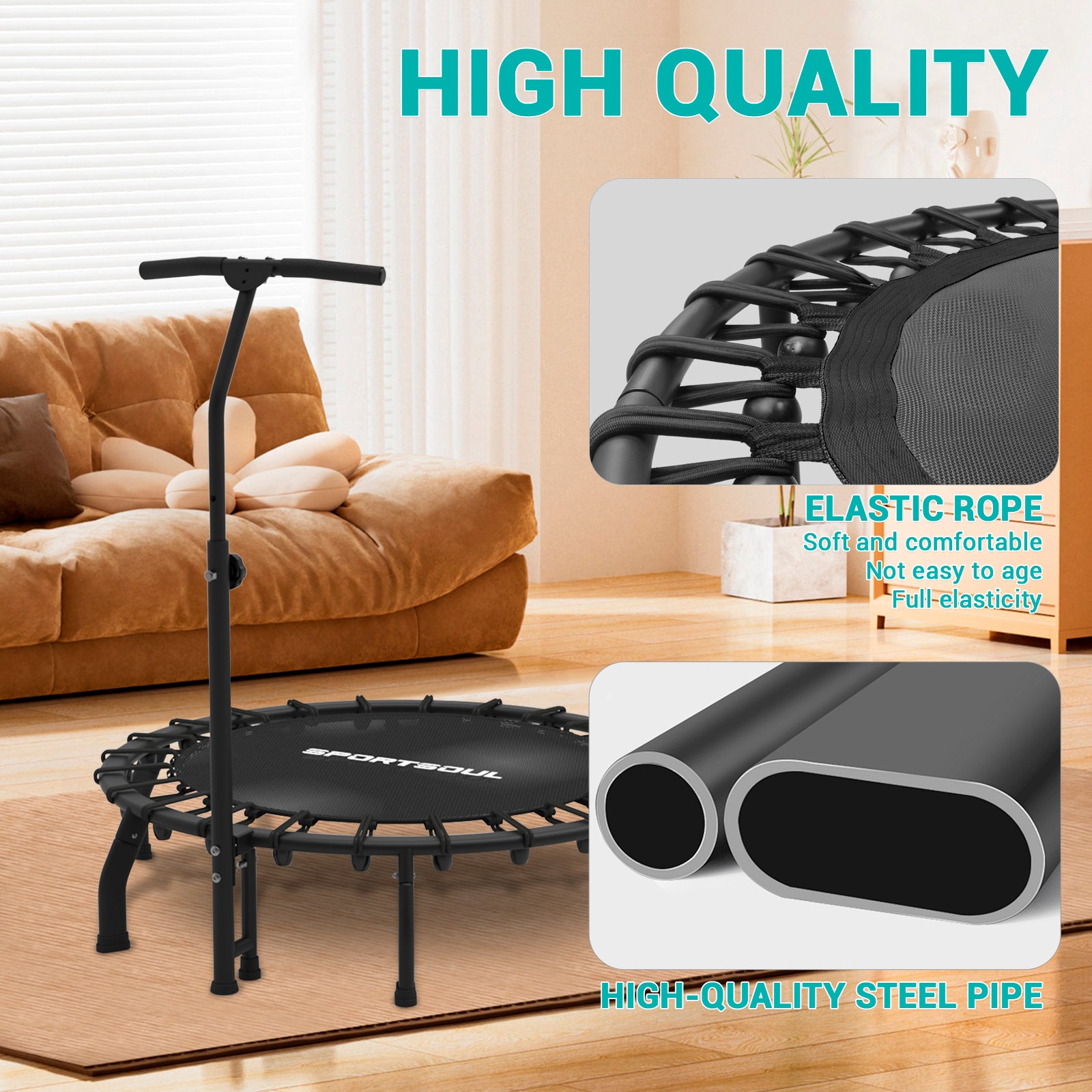 SPORTSOUL Trampoline de fitness rond de 42 pouces avec bandes de résistance élastiques, appareil d'exercice d'intérieur peu encombrant, charge maximale de l'utilisateur 120 kg