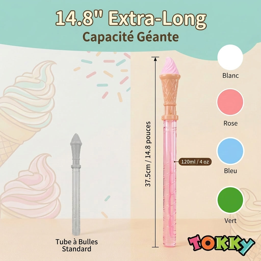 24 pièces Très grandes baguettes à bulles en forme de crème glacée Jouets pour enfants, 37,5 cm Extra Long et Extra 120 ml Solution à bulles étanche à 360 degrés
