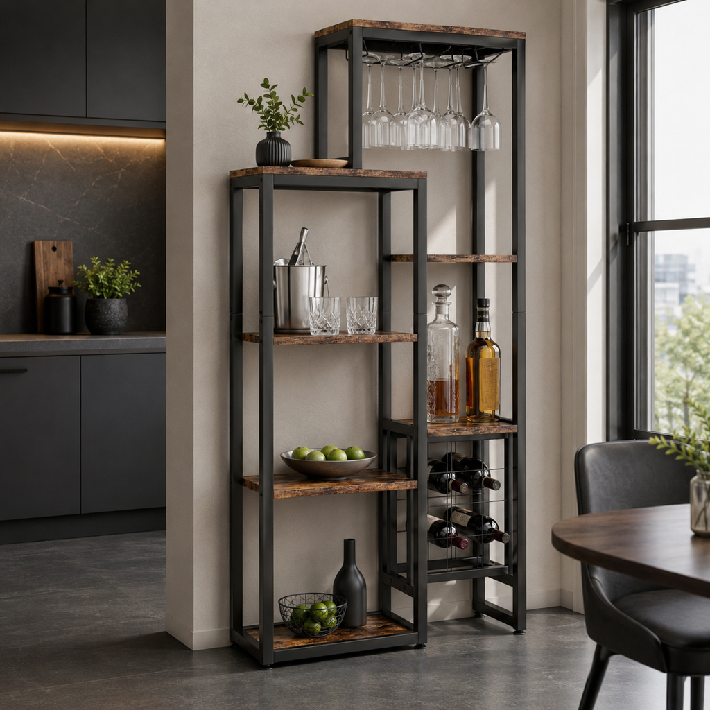 LANTINE Casier à vin, Base autoportante, Étagère à vin de cuisine 5 niveaux avec porte-verres et rangement à vin, Casier à vin industriel, Meuble bar à vin, Pour bar, cuisine
