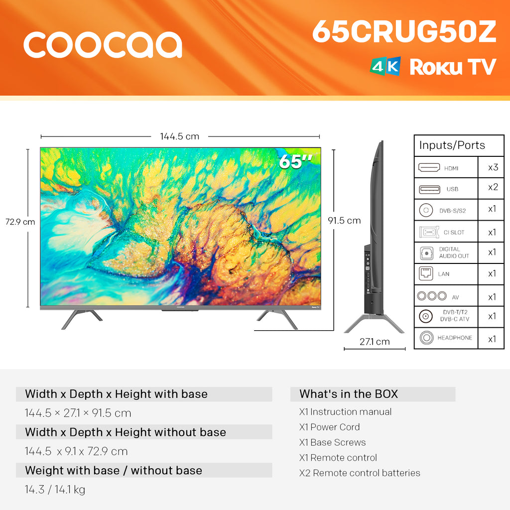 Coocaa Smart TV 65 pouces UHD Roku TV, HDR10, EyeCare Premium (faible lumière bleue), triple tuner, streaming fluide