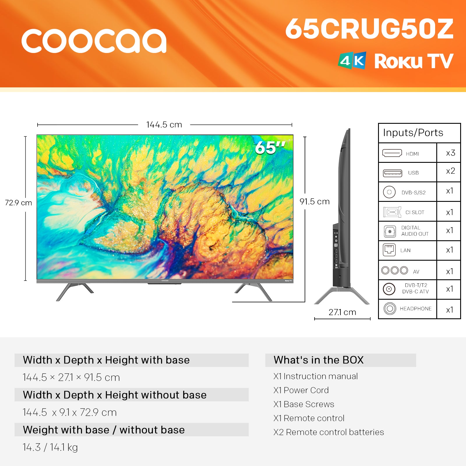 Coocaa Smart TV 65 pouces UHD Roku TV, HDR10, EyeCare Premium (faible lumière bleue), triple tuner, streaming fluide