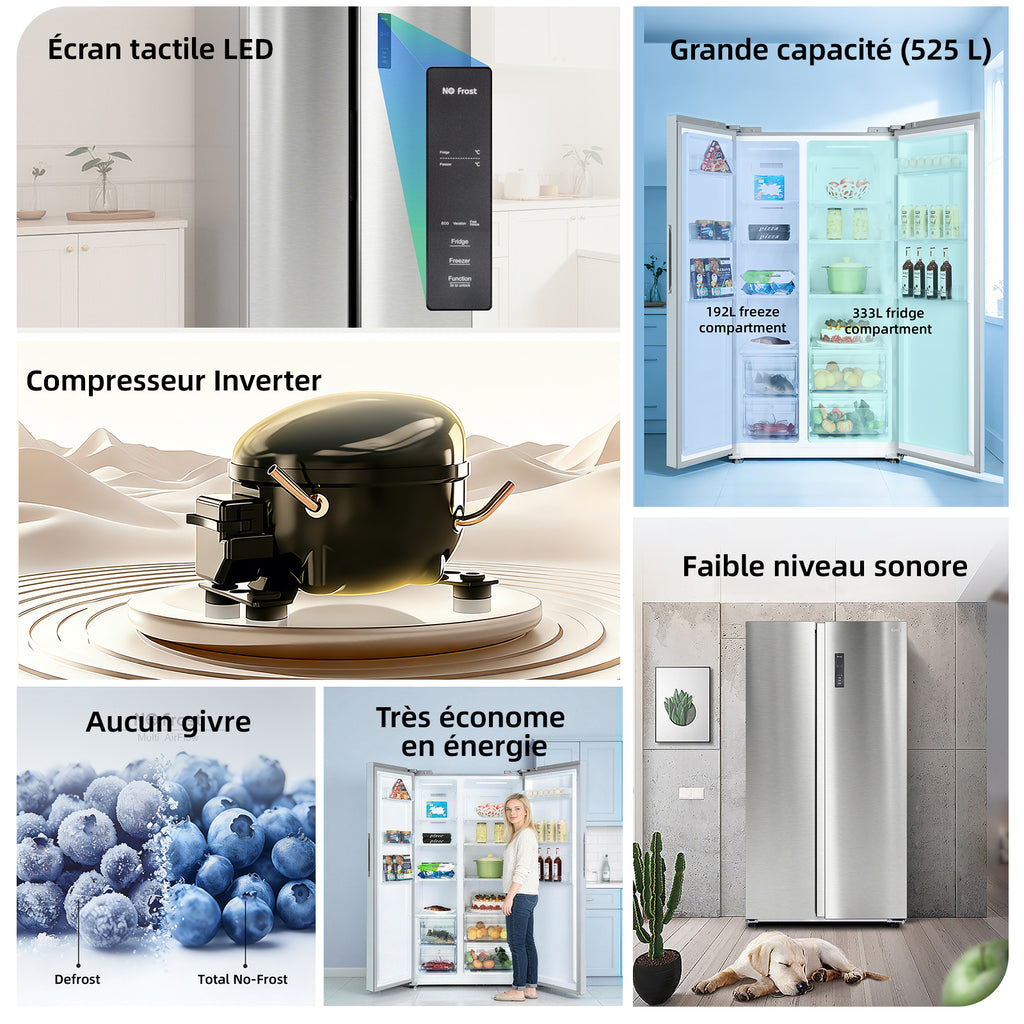 CHiQ JR525WSE Réfrigérateur-congélateur américain 525 L, sans givre, circulation d'air multiflux, réfrigérateur 333 L et congélateur 192 L, compresseur à vitesse variable