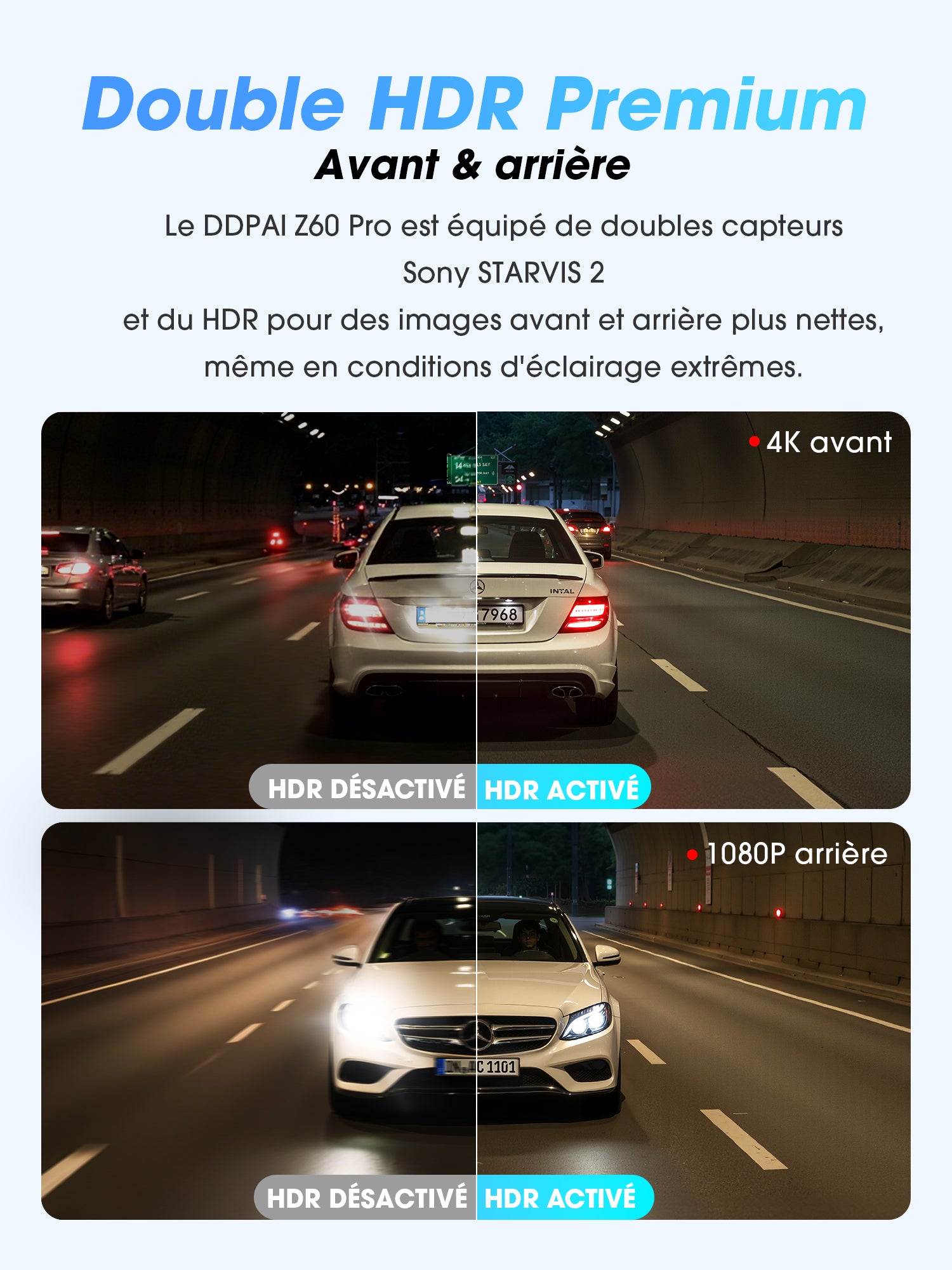 DDPAI Z60 Pro Dashcam 4K 3 Pouces DVR Voiture Double Caméra Avant et Arrière STARVIS 2 IMX678 et IMX622 60 FPS HDR AI-ISP Vision Nocturne WiFi 5 GHz GPS Support Mode Stationnement 24 H - 3 Canaux